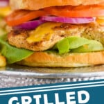 pinterest graphic of a close up of a grilled chicken sandwich, says: grilled chicken sandwich simplejoy.com
