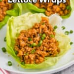 close up picture of chicken lettuce wraps made with bib lettuce on a plate and garnished with scallions