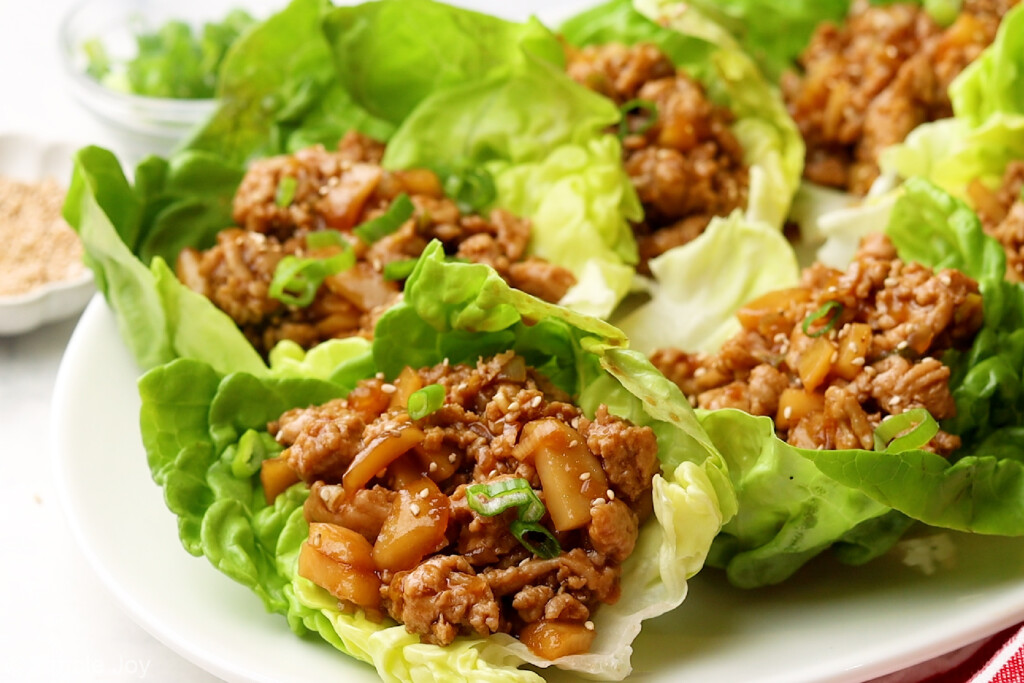 side view of chicken lettuce cups ready to be eaten