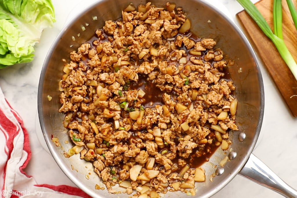 overhead of the filling for chicken lettuce cups in a skillet - 6