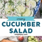 pinterest graphic of creamy cucumber salad, says: creamy cucumber salad simplejoy.com
