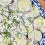 overhead view of creamy cucumber dill salad