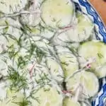 overhead view of creamy cucumber dill salad