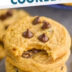 Pinterest graphic of stack of chocolate chip peanut butter cookies with the top cookie missing a bite, "peanut butter chocolate chip cookies, simplejoy.com"