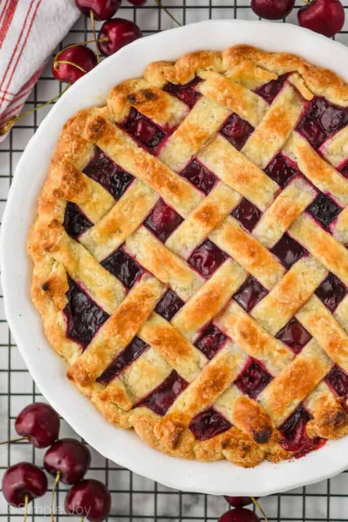 overhead view of cherry pie with a lattice top