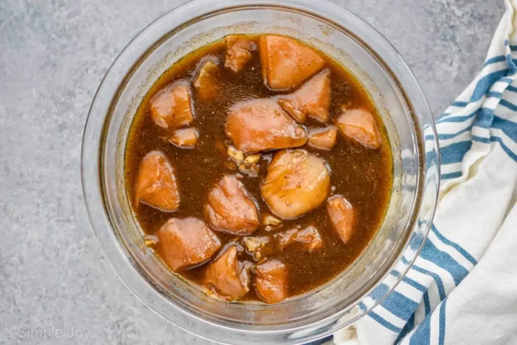 overhead view of chicken in chicken kabob marinade