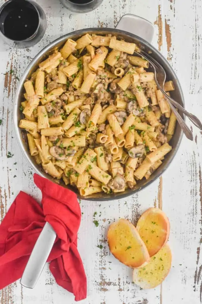 overhead view of a skillet of noodles and beef