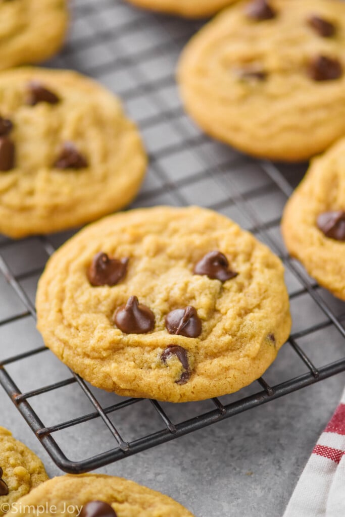 peanut butter chocolate chip cookie on a wire cooling rack