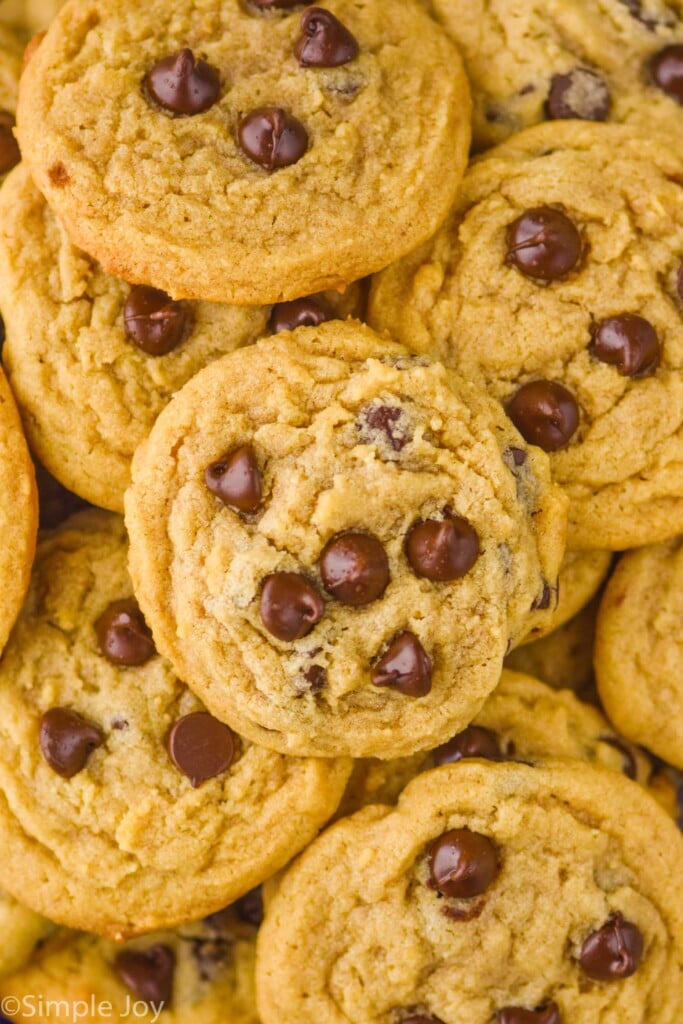 overhead of a pile of peanut butter chocolate chip cookies