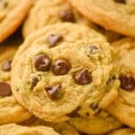 Close up photo of Peanut Butter Chocolate Chip Cookies in a pile. - 9