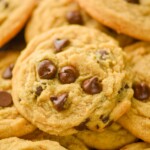 Close up photo of Peanut Butter Chocolate Chip Cookies in a pile.