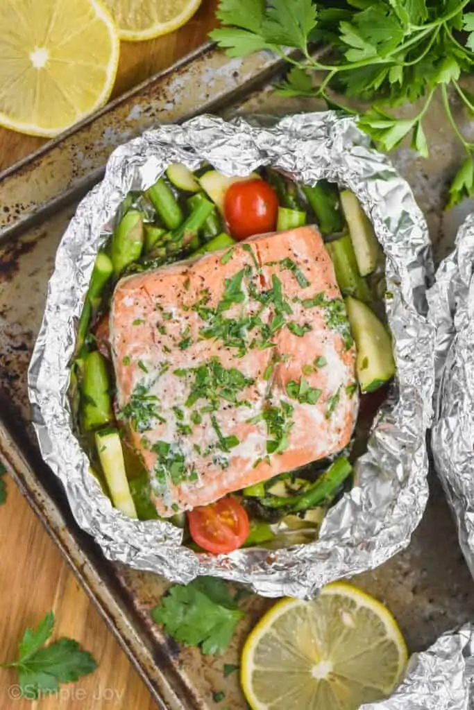 grilled salmon fillet in a foil packet
