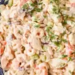 overhead view of seafood salad in a bowl