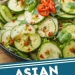 pinterest graphic of bowl of asian cucumber salad garnished with cilantro and extra slices of red jalapeño, says "asian cucumber salad simplejoy.com"