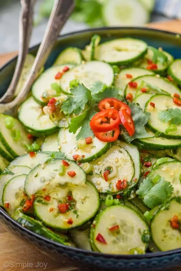 bowl of asian cucumber salad garnished with cilantro and extra slices of red jalapeño