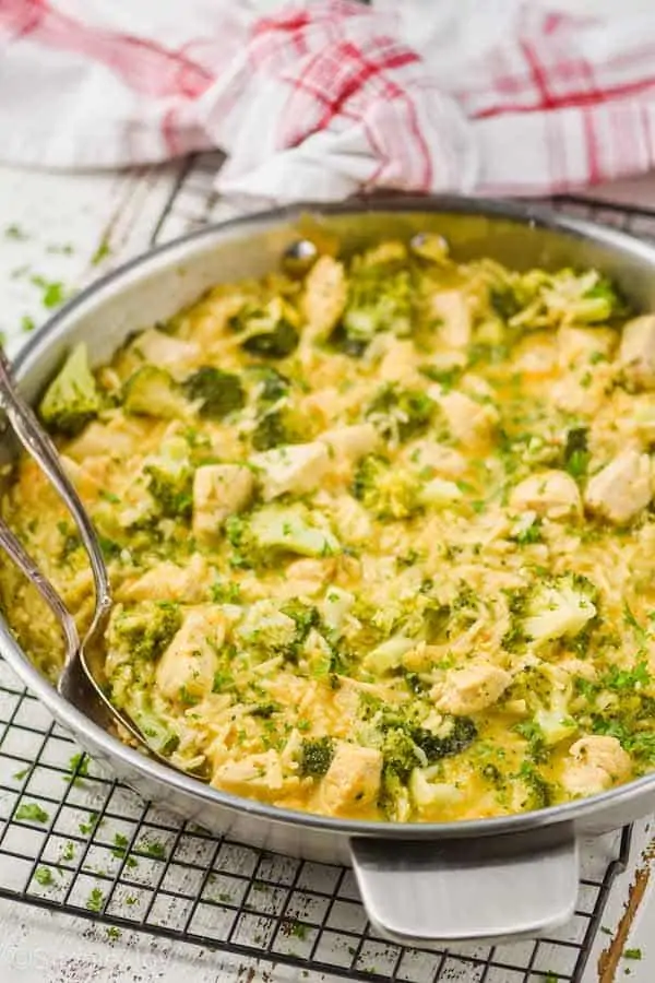 side view of a chicken broccoli casserole in a skillet