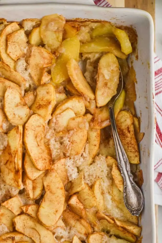 close up over head photo of an easy apple cobbler recipe in it's baking dish