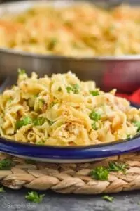 straight on view of a plate full of easy tuna noodle casserole