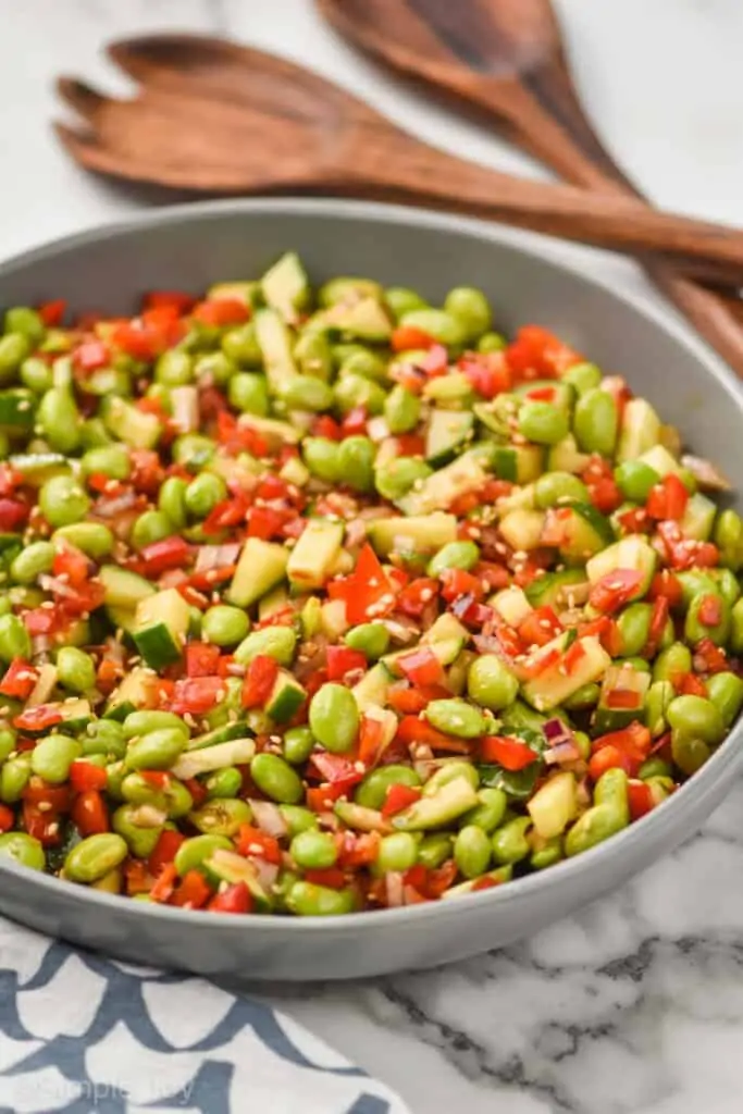 side view of edamame salad recipe garnished with sesame seeds