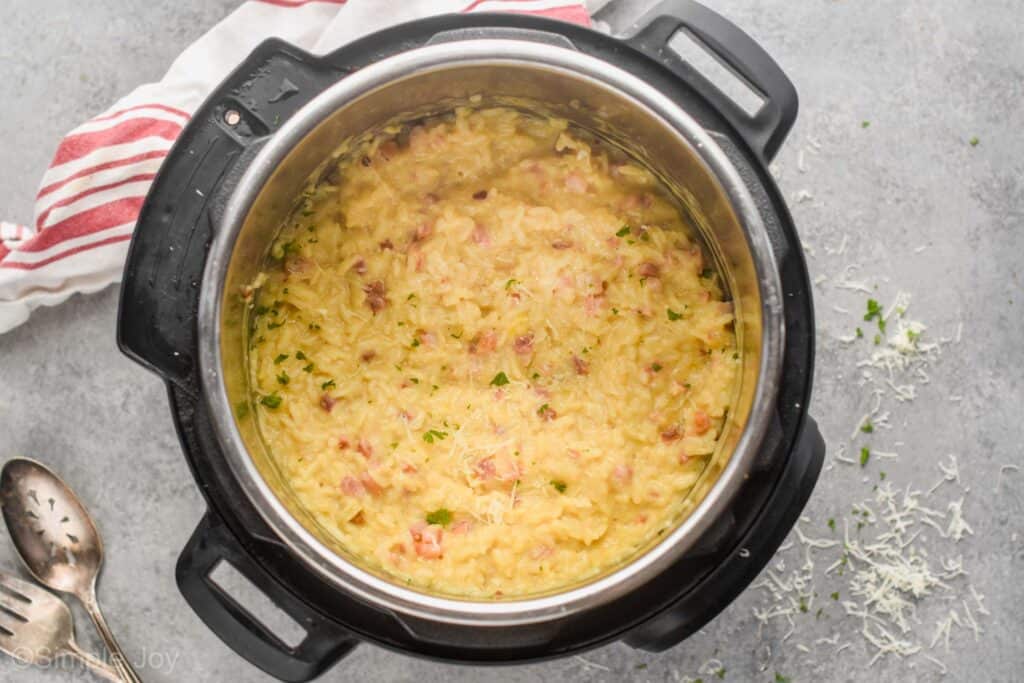 overhead of an instant pot with risotto recipe in it