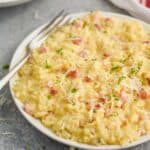 a small plate with instant pot risotto on it garnished with parsley and fresh parmesan - 7