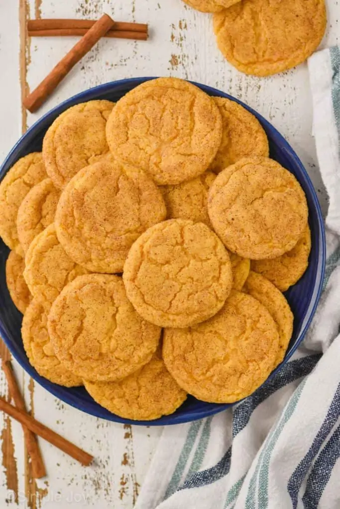 overhead of a plate of pumpkin snickerdoodles