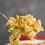 a spoonful of tuna noodle casserole recipe being dished up