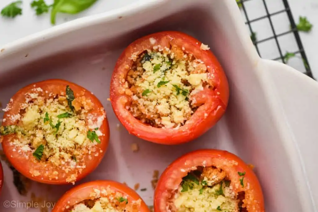 overhead photo of stuffed tomatoes recipe