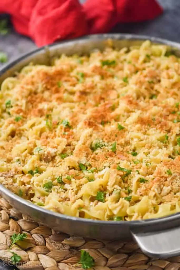 side view of a tuna noodle casserole topped with crackers in a skillet