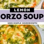 pinterest graphic of lemon chicken orzo soup