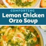 pinterest graphic of lemon chicken orzo soup