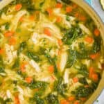 pinterest graphic of the overhead of a pot of lemon chicken orzo soup