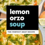 pinterest graphic of lemon chicken orzo soup