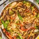 overhead of a skillet full of lo mein