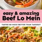 collage of photos of beef lo mein