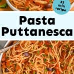 collage of photos of pasta puttanesca