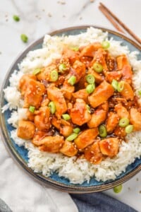 overhead of sticky chicken on a bed of rice, garnished with scallions and sesame seeds - 5