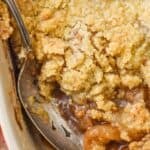 overhead of a baking dish full of easy apple crisp without oats