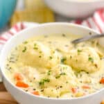 small white bowl full of chicken and dumplings garnished with fresh parsley