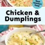 collage of photos of chicken and dumplings