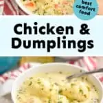 collage of photos of chicken and dumplings