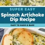 collage of photos of spinach artichoke dip