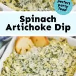 collage of photos of spinach artichoke dip