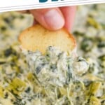 pinterest graphic of easy spinach artichoke dip, says: "the best spinach artichoke dip, simplejoy.com"
