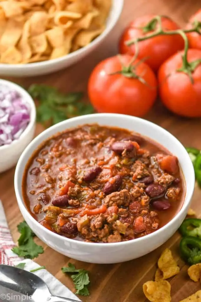 small white bowl full of the best crockpot chili recipe