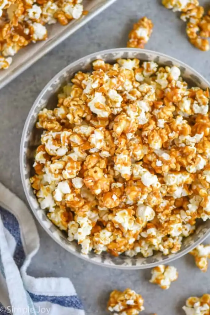 overhead view of a bowl of caramel corn