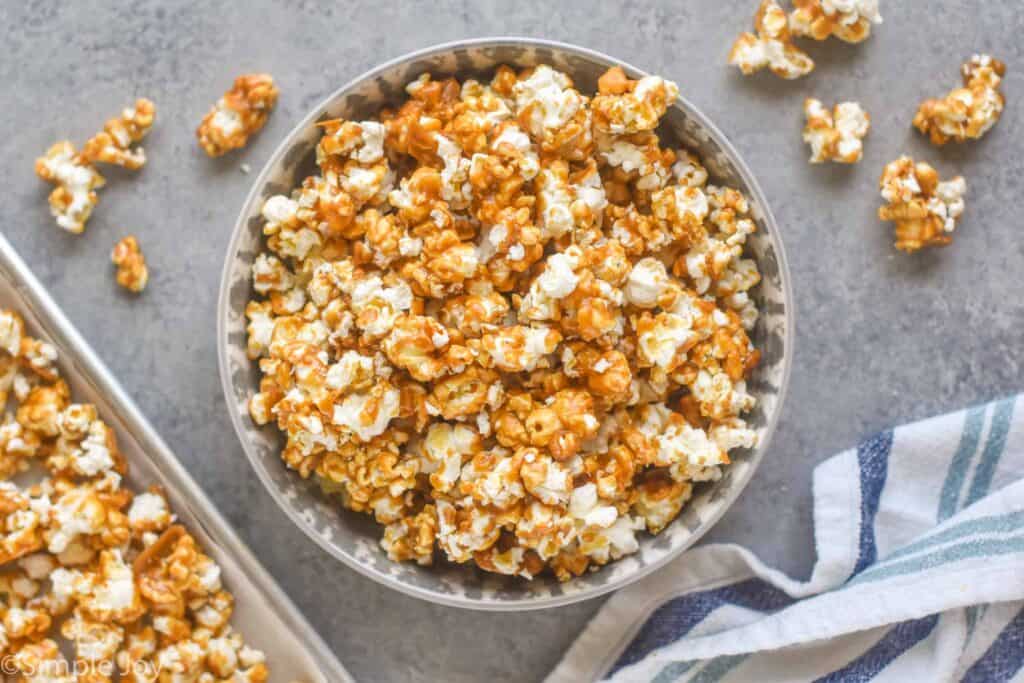 overhead view of a bowl of caramel corn recipe