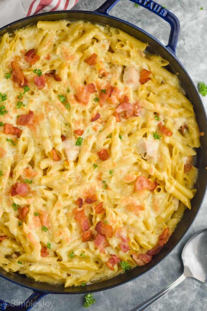 overhead of chicken bacon ranch casserole