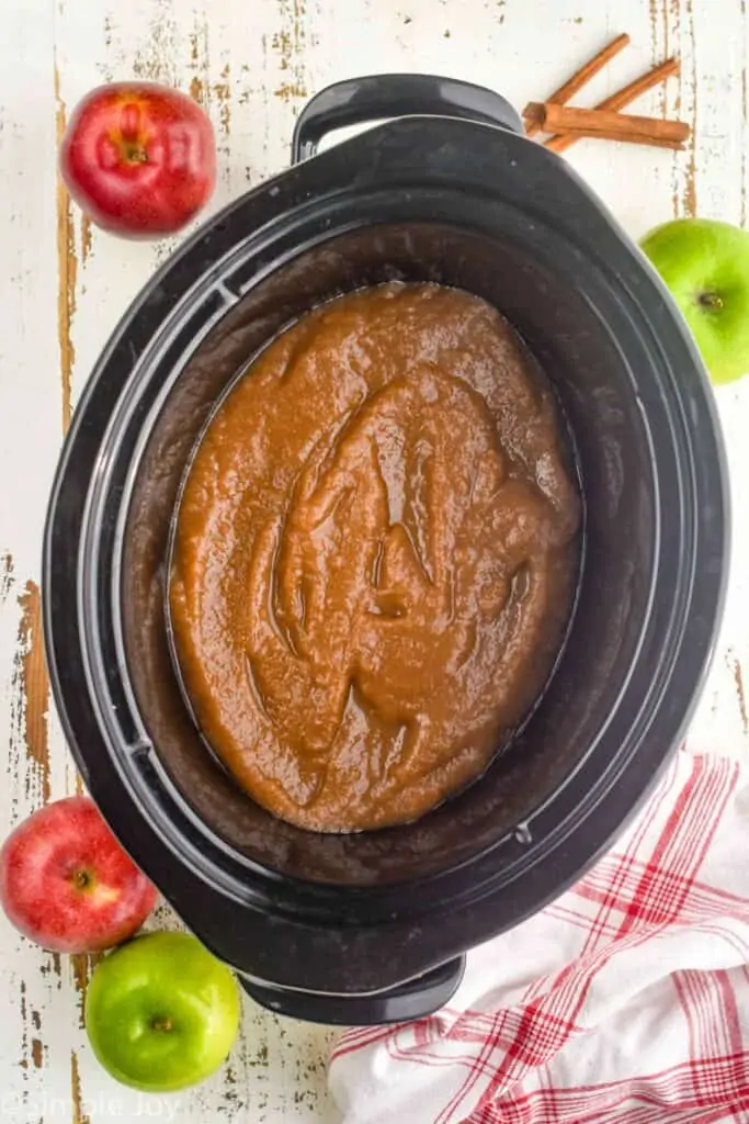 overhead look at a slow cooker full of crockpot applesauce