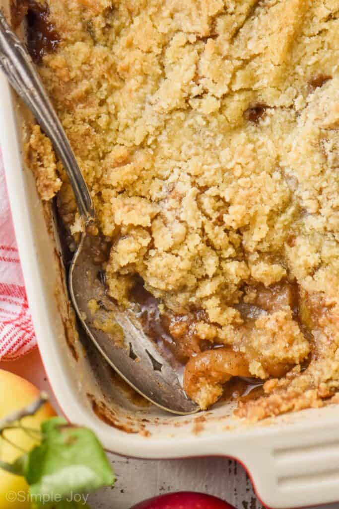 overhead of a baking dish full of easy apple crisp without oats